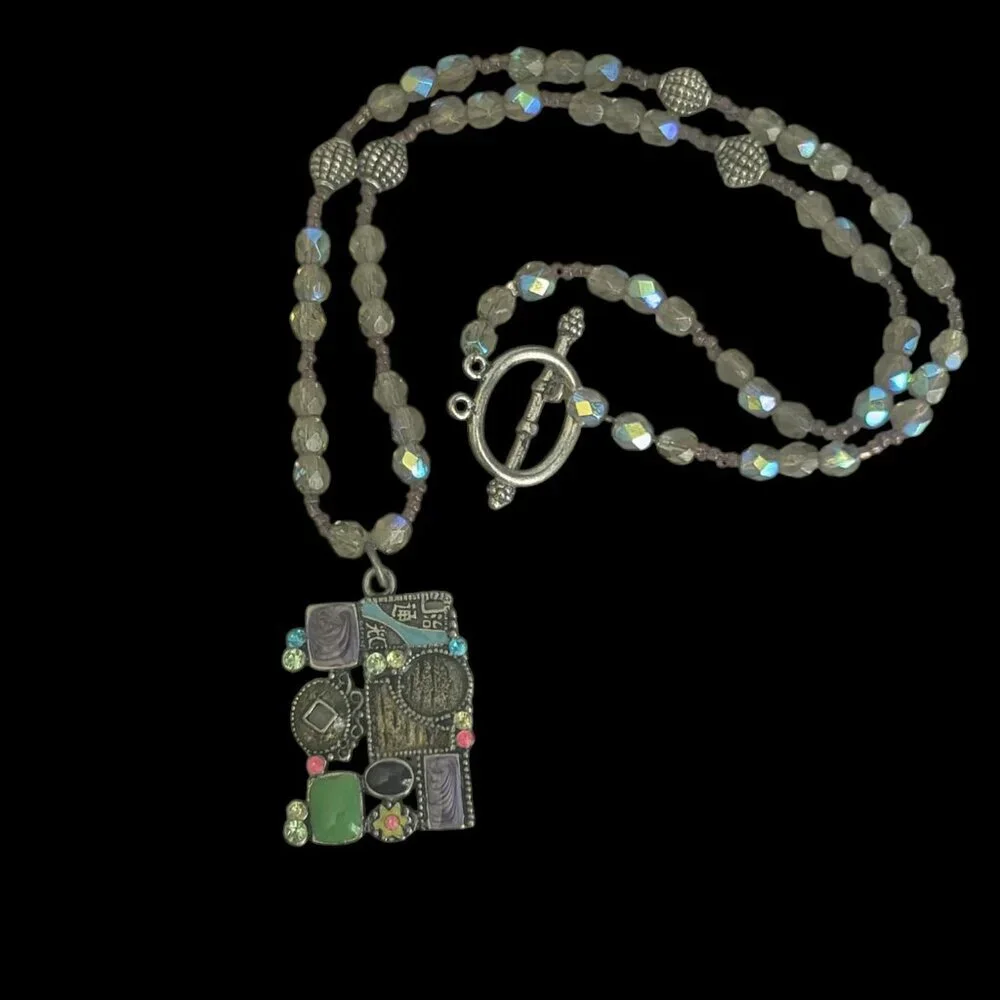 Micro Mosaic Y2K Enamel‎ Steampunk Glass Beaded Necklace Boho Wearable Art Metal